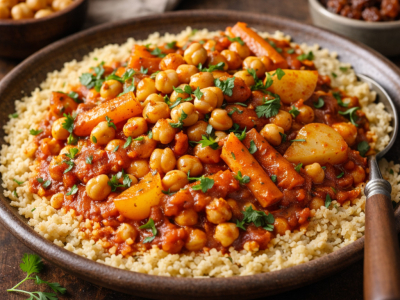 Couscous végétarien tunisien : sauce rouge & pois chiches