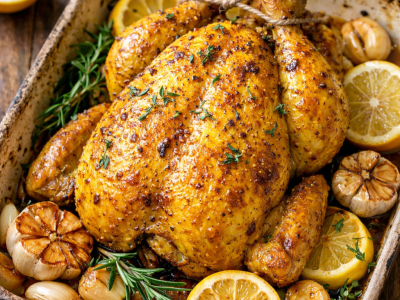 Poulet rôti au curcuma, citron et ail
